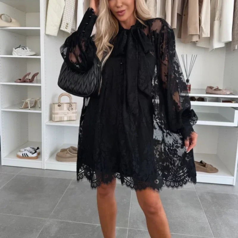 💖Limited Sale 50% OFF💖Lace Mini Dress with Bow Tie Neck