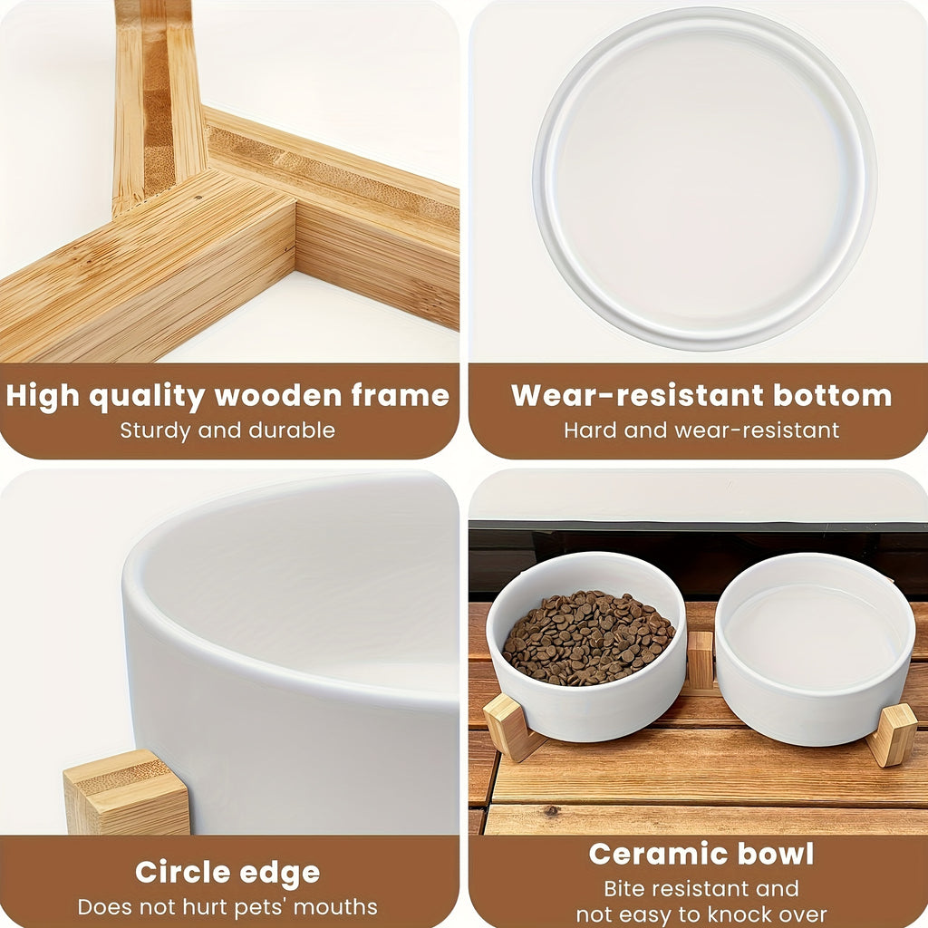 Ceramic Pet Bowl Set with Wood Stand