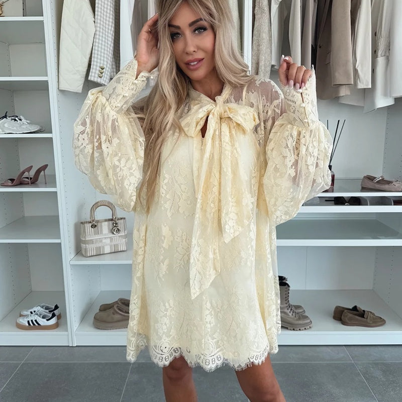 💖Limited Sale 50% OFF💖Lace Mini Dress with Bow Tie Neck