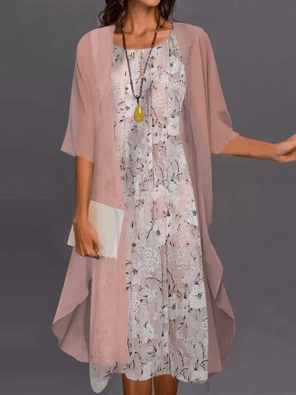 Lady Elegant Loose Chiffon Floral Dress Suits