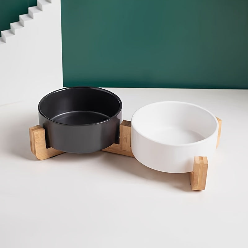 Ceramic Pet Bowl Set with Wood Stand