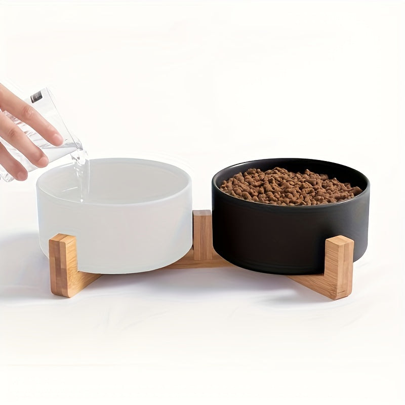 Ceramic Pet Bowl Set with Wood Stand