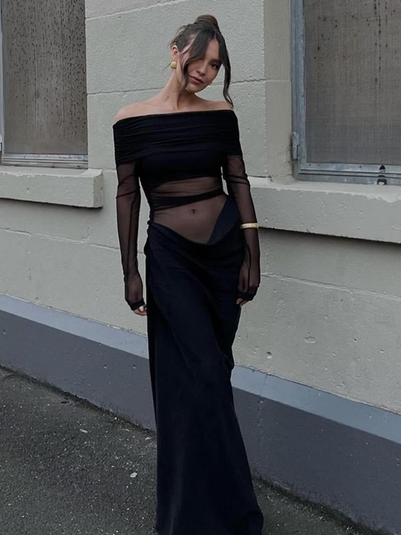 🔥Limited time offer, last day 59% off🔥Make you the focus of the party, solid color off-shoulder pleated transparent mesh dress