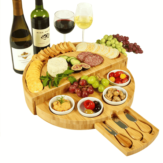 🧀2023 Bamboo Swivel Charcuterie Board🔥With 4 Integrated Ceramic Bowls And 3 Piece Knife Set