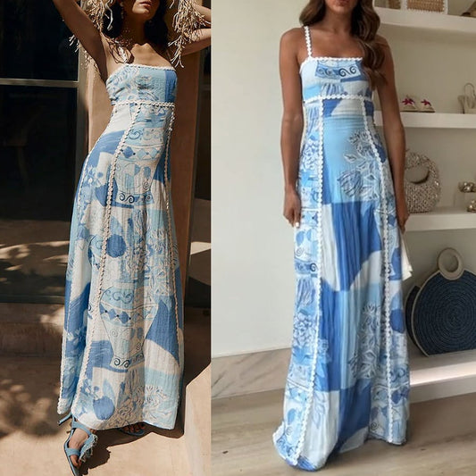 Linen Trims Unique Print Back Tie-up Slip Flared Linen Maxi Dress