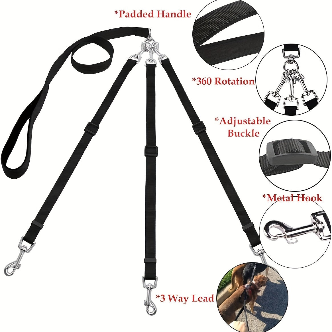 3-in-1 Dog Leash with Adjustable Car Seat Belt