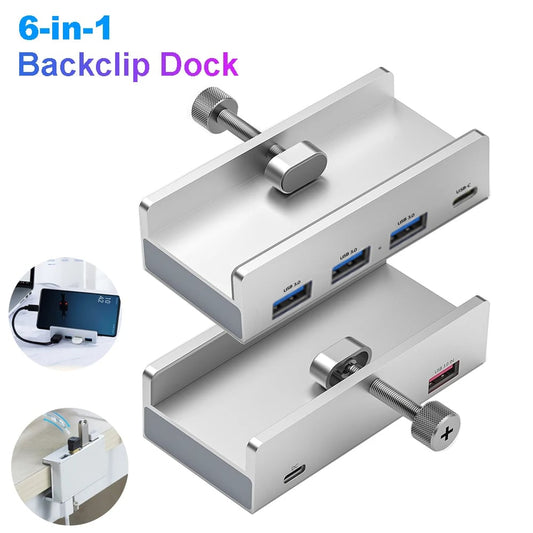 6-IN-1 Black Clip Dock 5Gbps USB 3.0 HUB Aluminum Alloy External Multi USB Splitter Adapter for Laptop Desktop