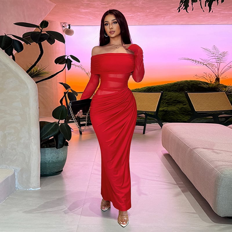 🔥Limited time offer, last day 59% off🔥Make you the focus of the party, solid color off-shoulder pleated transparent mesh dress